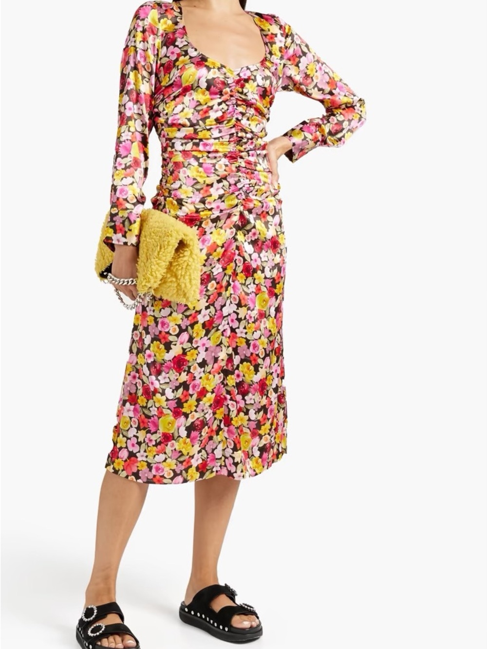 GANNI Ruched floral-print silk-blend satin midi dress